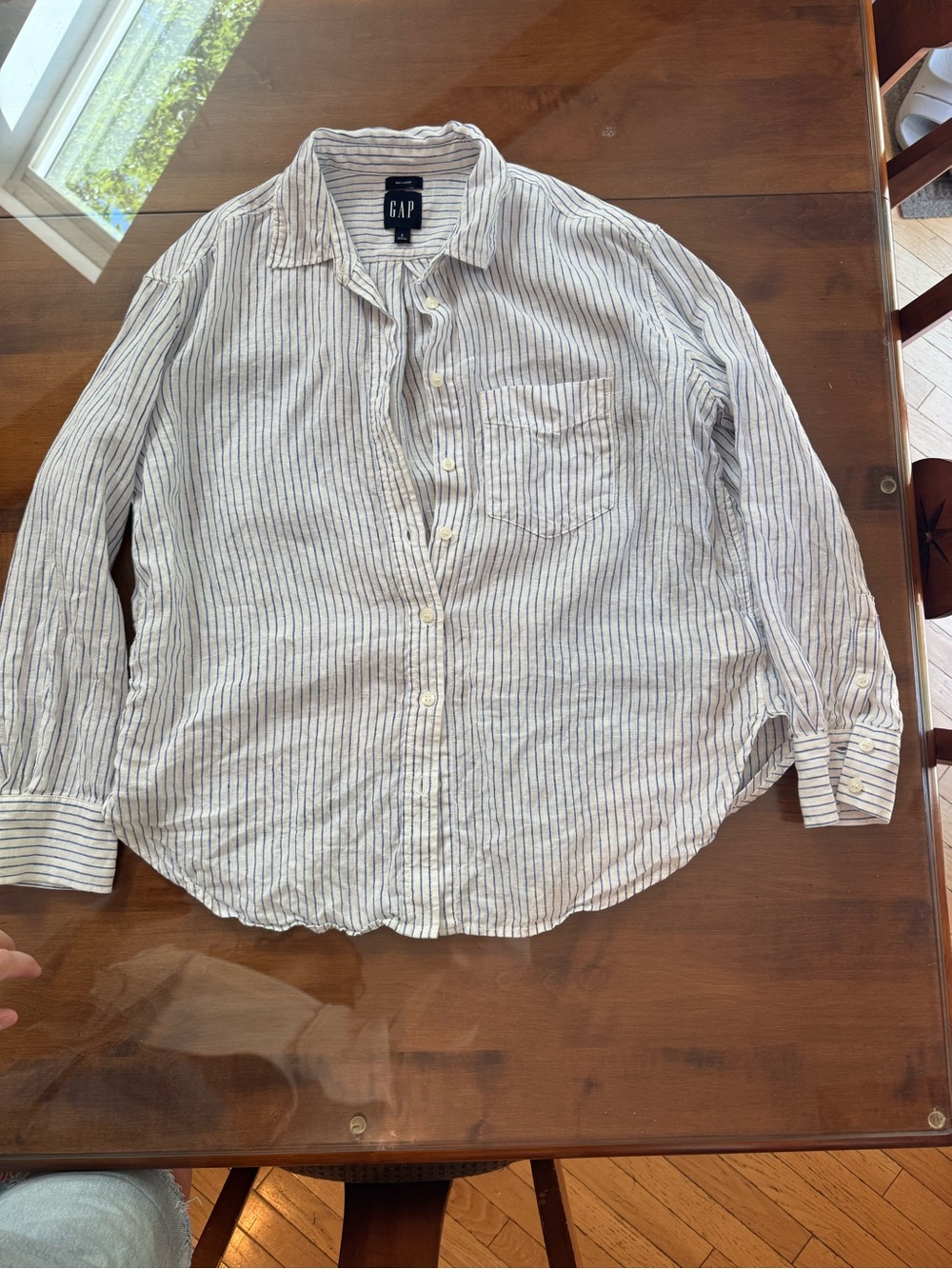 GAP Women’s White & Blue Striped Linen Button-Up Shirt